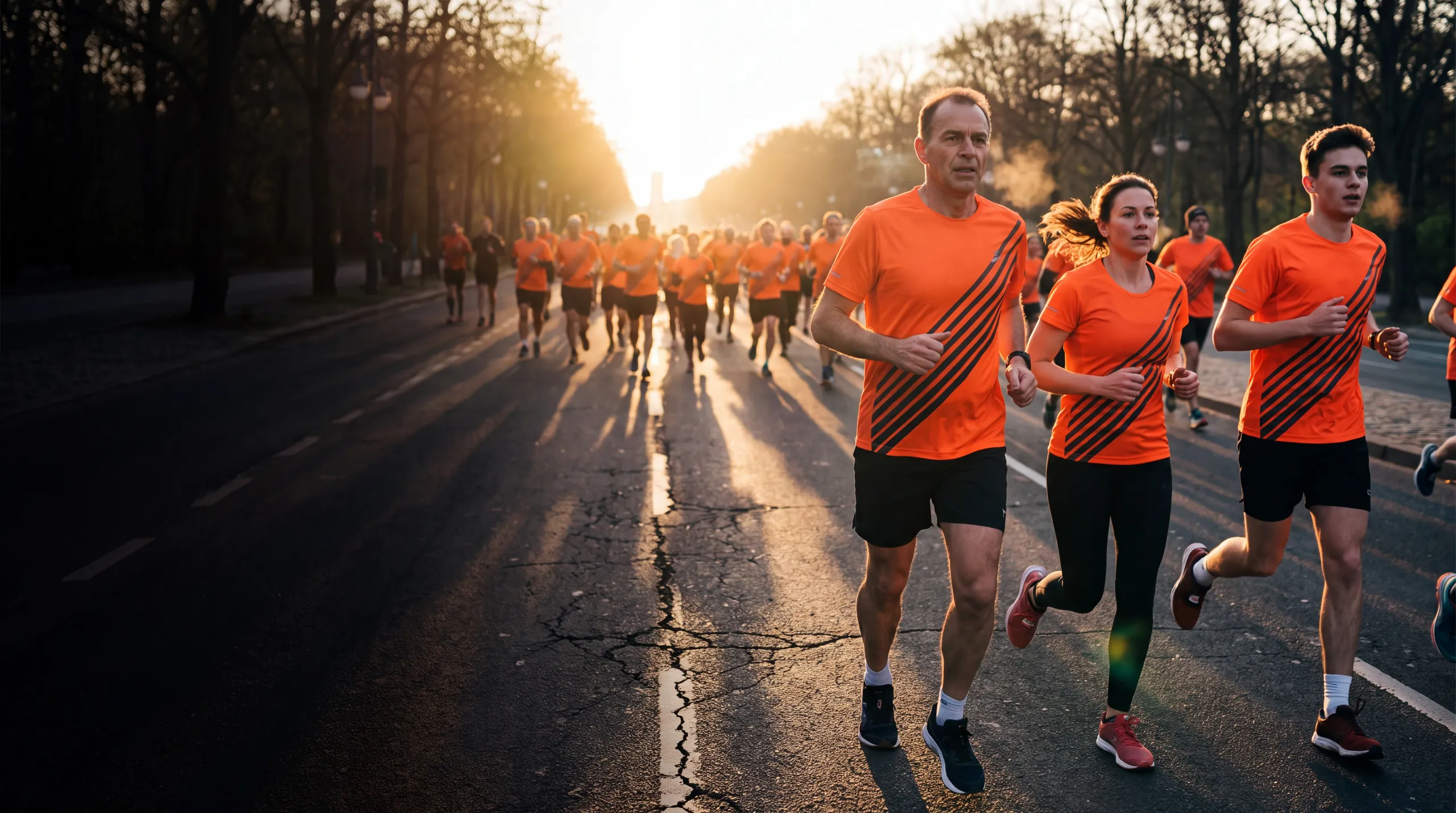 Largada de maratón con corredores en remeras full sublimadas naranjas